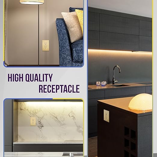 ENERLITES Elite Series Decorator Receptacle Outlet Child Safe Tamper-Resistant, Gloss Finish, Self-Grounding, Residential Grade, 15A 125V, 61501-TR-GDWBP, Brushed Gold