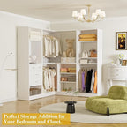 Unikito 86” Closet System, Large Corner Closets Organizer with Hanging Rods and Mirror Design, Freestanding Adjustable Wood Clothes Garment Rack with Drawers, Sturdy Walk in Closet Tower, White