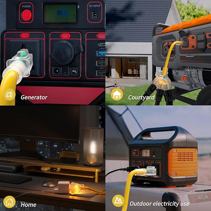 25 FT 12/3 Gauge Outdoor Extension Cord with Multiple Outlets Light Indicator, Flexible 3 Outlet Weatherproof Heavy Duty Extension Cord Waterproof Yellow, 15A 1875W 12AWG SJTW, ETL Listed