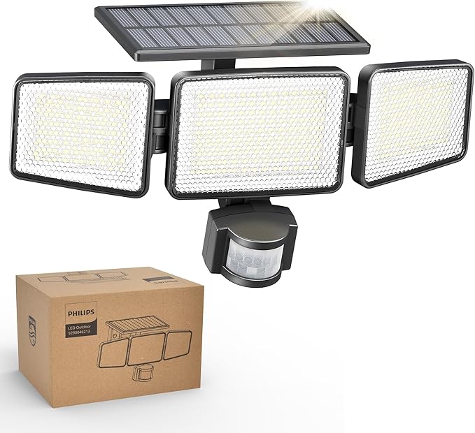 Philips Solar Security Light Outdoor Light 302 LEDs 1200lm，Solar-Powered Waterproof Wall-Mounted Flood Light w/PIR Motion Sensor, 3 Heads, IP65 Waterproof, 3 Modes (1 Pack)