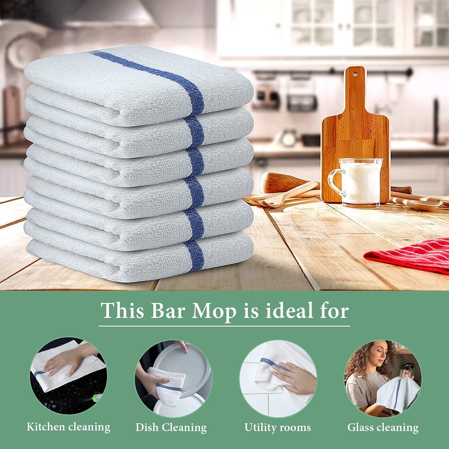 Bar Mop Blue Stripe 16x19 4 lbs Pack of 24, 100% Cotton Double Stitched Route Ready Absorbent Kitchen Towel Dish Towels and Dishcloths Towels Sets Washcloth Kitchen Towel