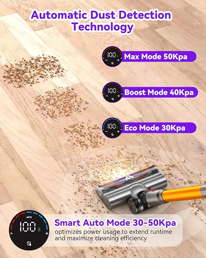 Coovy Cordless Vacuum Cleaner SU7, 580W 50Kpa 75 Minutes Runtime Stick Vacuum with Touch Screen, Anti-Tangle Wireless Powerful Lightweight Vac for Home Pet Hair Carpet Hardwood, Gold