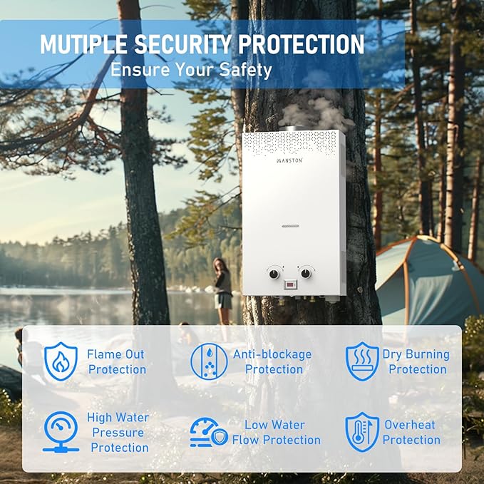 Water Heater Tankless, VANSTON Propane Water Heater Outdoor, 10L 2.64 Portable Water Heaters, Instant Hot Water, Overheating Protection, Easy Installation & Lightweight for RV, Camping