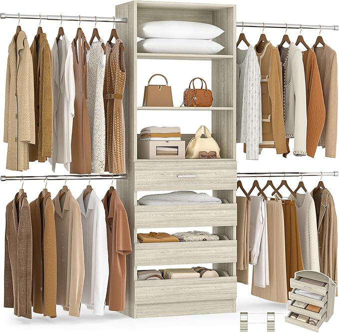 Aheaplus 4-9Ft Closet System, Closet Organizer with 4 Wooden Drawers, Wood Closet Organizer System with Tower, Walk-in Closet Organizer Wardrobe and Storage with 4 Hanging Rods, White Oak