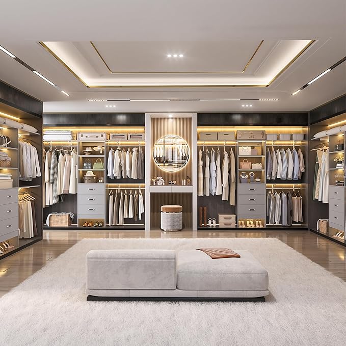 Closet System with Drawer - 8FT Wood Closet Organizer System with 3 Hanging Rods and Shelving Tower, 96" Walk In Closet Organizer Wardrobe, Heavy Duty Garment Rack Clothes Rack, Grey