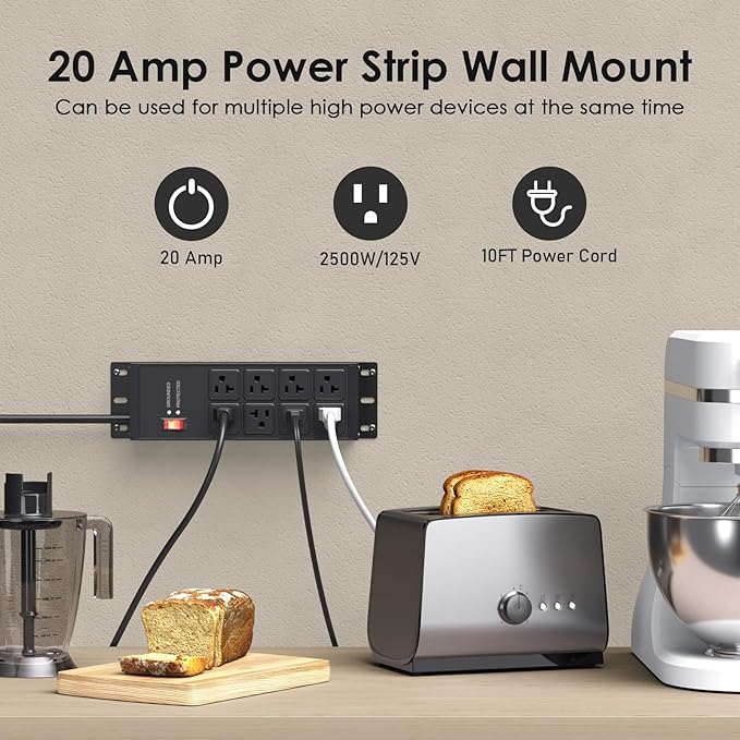 JUNNUJ Heavy Duty 20 Amp Surge Protector 4800J, Garage Metal 8 Outlets 12 Gauge, High Amp 5-15P Adapter Shop 6-20R T-Slot Industrial Outlet, 10 FT Extension Cord Commercial for Appliance