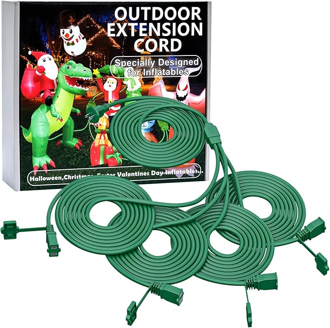 50Ft 4 Outlets Green Outdoor Extension Cords for Halloween Christmas Inflatables Blow Ups Yard Waterproof Outside with Multiple Outlets Extension Cord Power Splitter for Christmas Lights Decorations