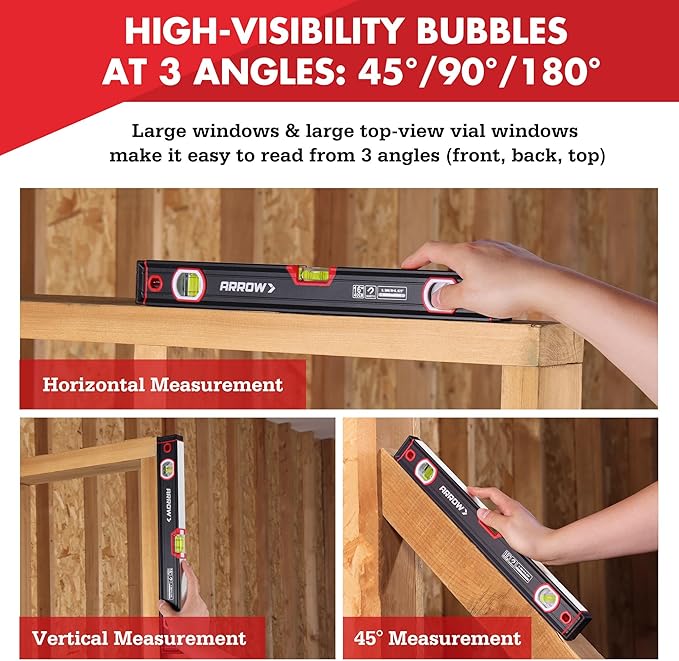 ARROW 16-Inch Level, Magnetic Torpedo Level with 45°/90°/180° Bubbles, Aluminum Alloy Body, Precision-Machined Base, Shockproof Rubber End Caps, V-Groove & Hanging Hole for Construction, Carpentry