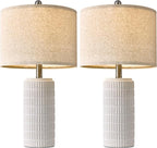 PoKat 24" Farmhouse Ceramic Table Lamps Set of 2 for Bedroom, White Stone-Like Bedside Lamps for Night Stands, Matte-Textured Decor Nightstand Table Lamps for Living Room End Table White
