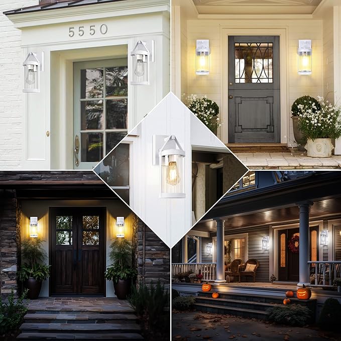 2-Pack Outdoor Light Fixtures Wall Mount, Waterproof Exterior Wall Lantern Front Porch Lights, Modern White Sconce Lighting with Clear Ribbed Glass, Outside Lights for House, Patio, Bulbs Not Included