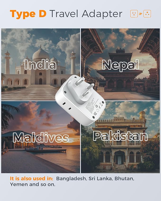 US to India Plug Adapter, TESSAN Type D Travel Adapter with 4 Outlets 3 USB (2 USB-C), Power Adaptor for USA to India Nepal Maldives Pakistan Bangladesh Sri Lanka Bhutan Yemen