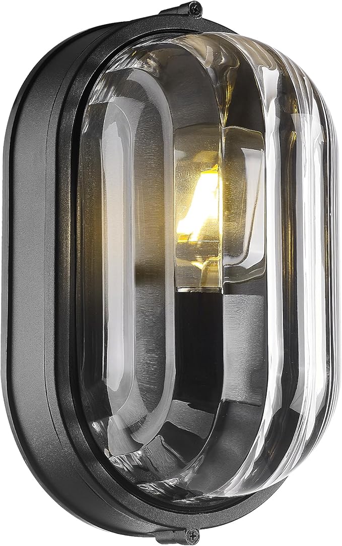 FEMILA 11" Oval Bulkhead Exterior Wall Sconce, Modern Outdoor Wall Lantern, Aluminum, Ripple Glass, IP44, E26, Front Porch Light for Patio/Garage/Entry, 4FYX104FL BK SW