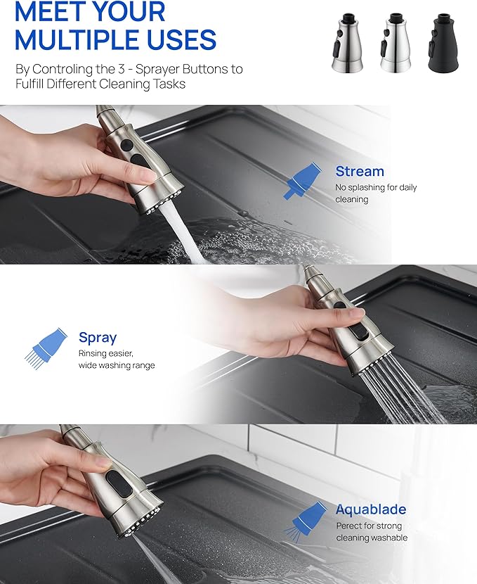 J-HVA Kitchen Faucet Sprayer Head Replacement with 15 Adapters (UPDATED) - Pull Down Kitchen Sink Faucet Spray Nozzle Head Replacement 3-Function Tap Spray Head for Kitchen Sink, Brushed Nickel