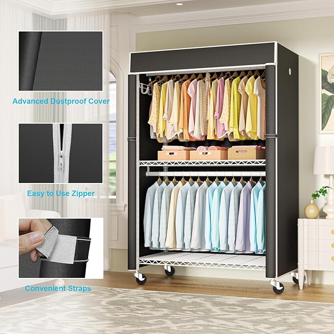 FUTASSI White Clothing Rack with Black Cover, P1C Plus Rolling Closets with Wheels, Metal Garment Rack for Hanging Clothes, Clothing Storage Wardrobe, 46" W x 18.5" D x 80.7" H, Load 524 Pounds