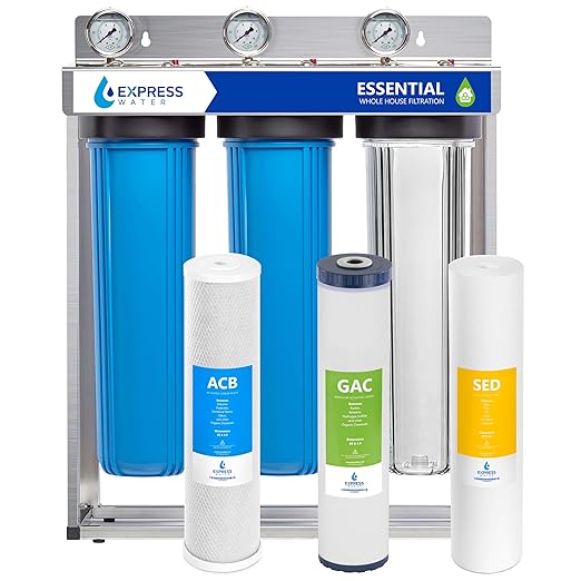 Express Water Whole House Water Filter System | ESSENTIAL | 3 Stage Whole Home Filter, Top-Tier Filters Produce Overachieving H2O, Significantly Reduces Chlorine & Sulfur Smell/Taste, Healtheir Skin