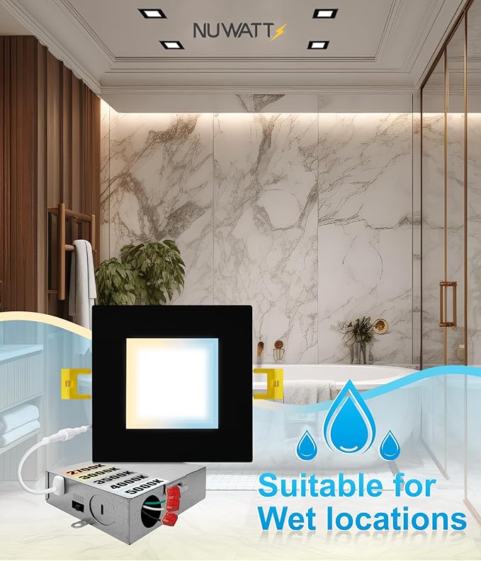 NUWATT 12 Pack 6 Inch Square Ultra-Thin LED Recessed Lighting, Selectable 2700K/3000K/3500K/4000K/5000K, High Brightness 1050 Lumens, Dimmable Black Slim Wafer Light, IC Rated, Metal Junction Box