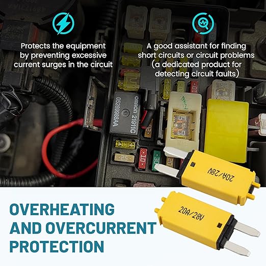 NuIth Manual Reset 20A Mini Fuse Circuit Breakers, E73 Low Profile ATM Circuit Breaker Blade Fuse DC 28V Resettable Standard Blade Fuses for Car Truck RV Marine (2PCS-20A)