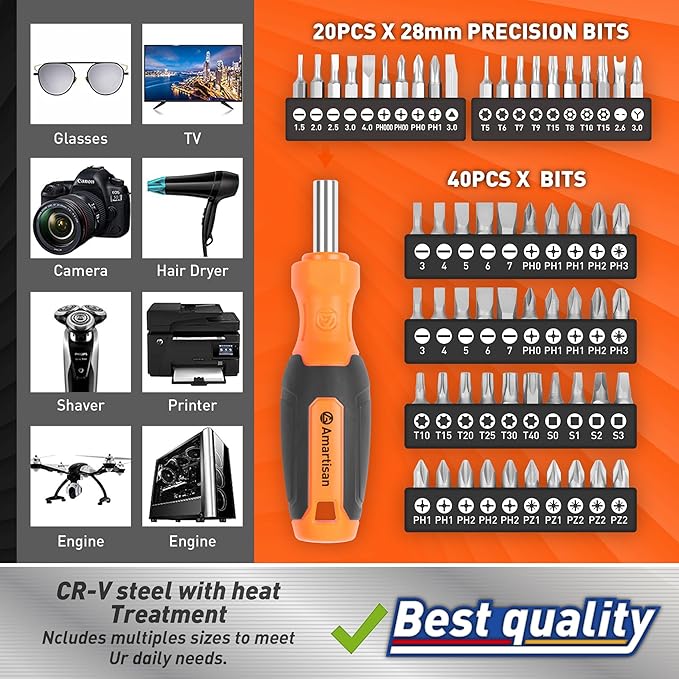 Amartisan 86-Piece Magnetic Screwdrivers Set with Case, Includs Slotted, Phillips, Hex, Pozidriv,Torx and Precision Screwdriver Set, Magnetizer Demagnetizer Tools, Tools for Men