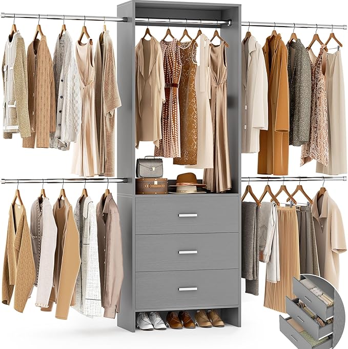 Aheaplus Closet System, Closet Organizer with 3 Wooden Drawers, Closet Organizer System, Walk-in Closet Wardrobe Clothes Rack with 4 Hanging Rods, Garment Rack, -4R, Grey
