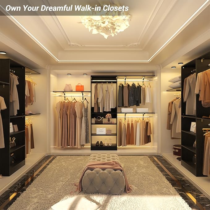 8FT Closet System with Shelves, 96'' Closet Organizer System with 3 Hanging Rods, Wall Mount Bedroom Wardrobe Walk-in Closet, Adjustable Cloth Garment Rack from 5 to 8FT (Cut to Fit), Black