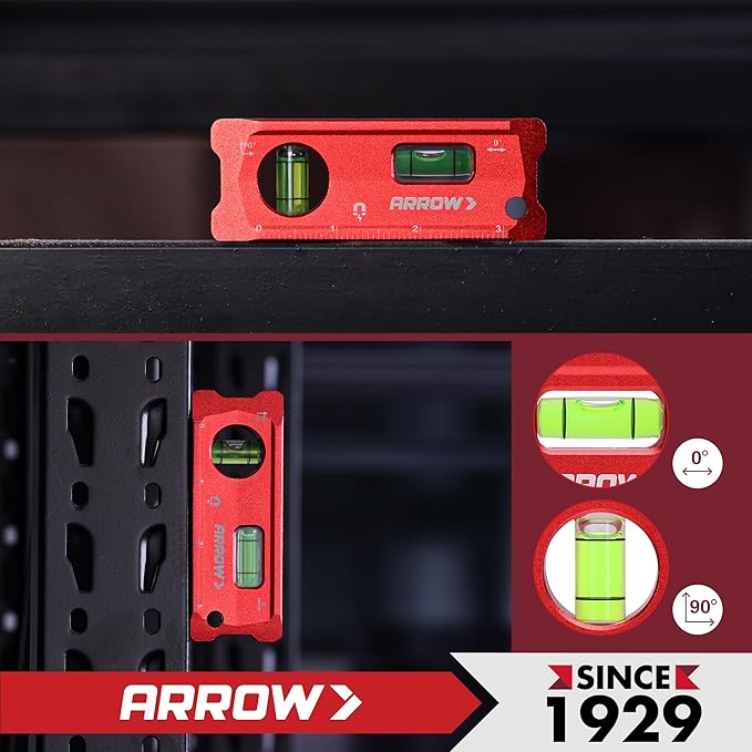 ARROW 4-Inch Torpedo Level, Small Magnetic Leveler Tool with 0°/90° Bubbles, Top-view Window, Aluminium Alloy Frame, Dual SAE and Metric Scales