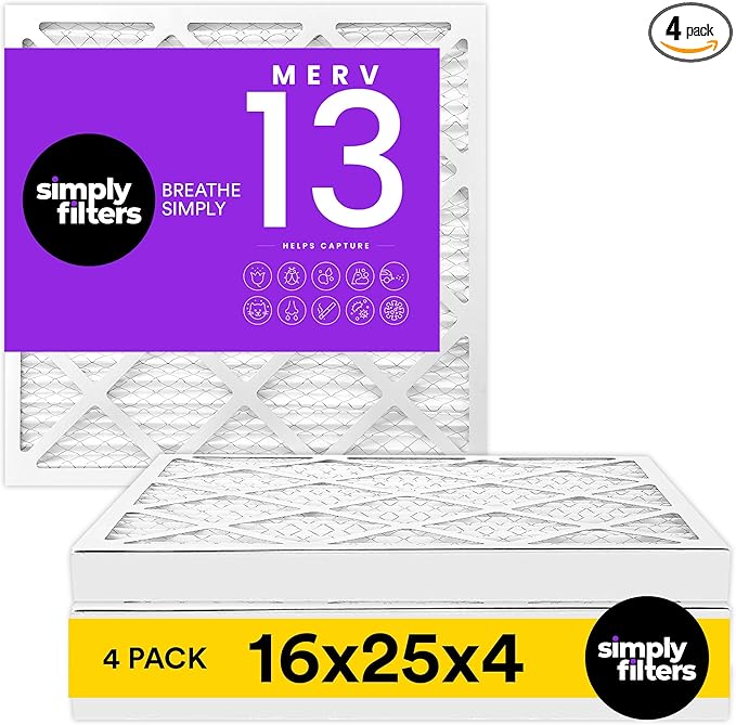 Simply 16x25x4 Air Filter, MERV 13, MPR 1500, 4 Pack, Furnace Air Filter for HVAC (Actual Size: 16.5"x25.5"x3.63") DUST, Pet & Allergy Control