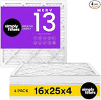 Simply 16x25x4 Air Filter, MERV 13, MPR 1500, 4 Pack, Furnace Air Filter for HVAC (Actual Size: 16.5"x25.5"x3.63") DUST, Pet & Allergy Control