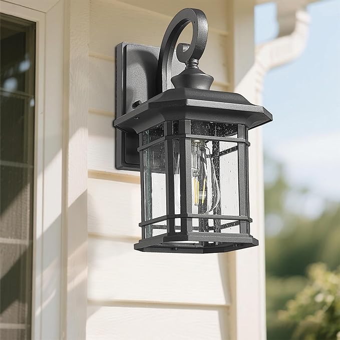 ALLGOT Exterior Wall Sconce, Outdoor Waterproof Wall Mount Light Fixture, Anti-Rust Matte Black Finish Outdoor Lighting Fixture with Seeded Glass Lampshade (Black, 12.48 Inch Height)