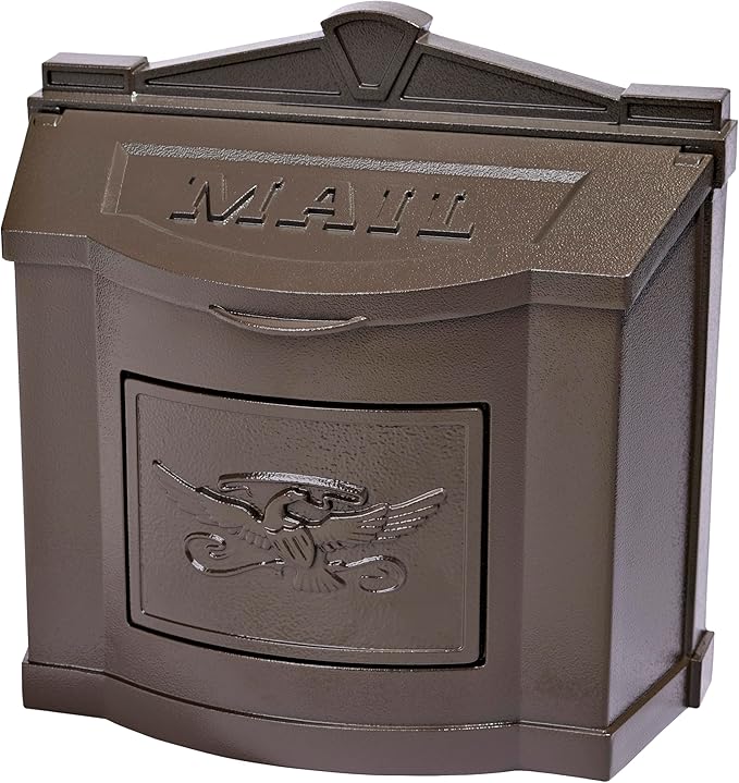 Gaines Wallmount Mailbox - Powder Coated Aluminum with Solid Brass Accents - Mounting Hardware Included (Bronze with Bronze Eagle)