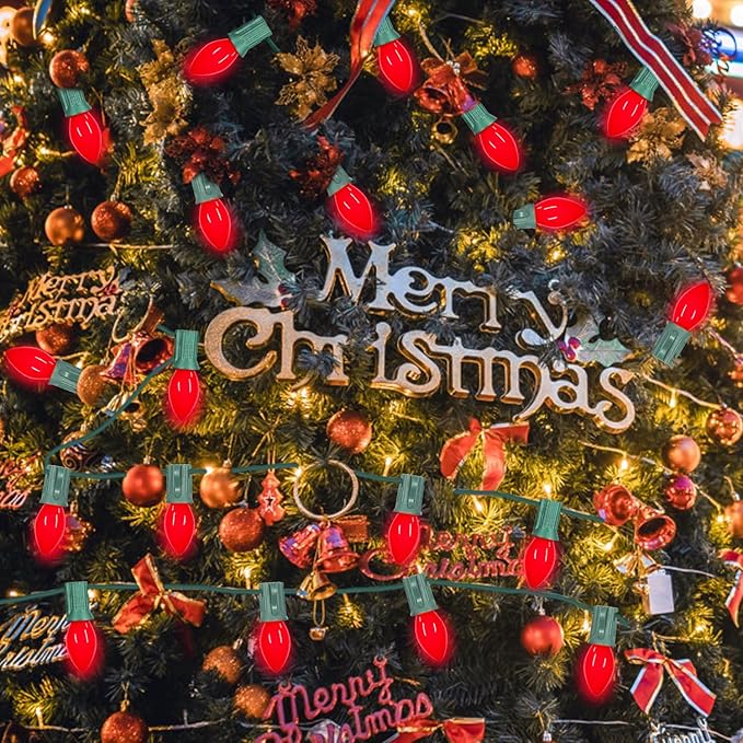 25 Pack Red Christmas Light Bulbs C7 Replacement Bulbs Nightlight Bulb, Vintage Red C7 Christmas Lights Replacement Bulbs for Xmas Home Bedroom Tree Window Candle String Lights Decor, E12 Base, 5W