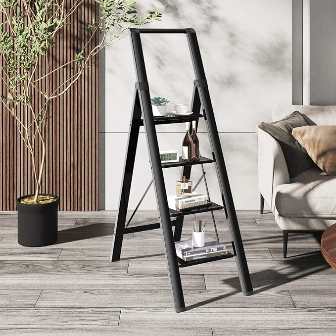 GameGem 4 Step Ladder Folding Iron Step Stool Stepladders with Anti-Slip and Wide Pedal for Home and Kitchen Use Space Saving (Black)