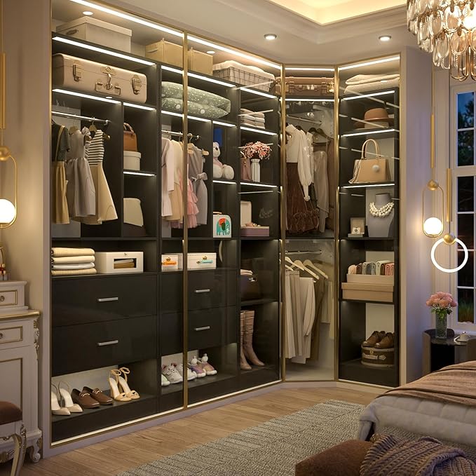 Large Corner Closet System with 3 Sets, 87.2" Closet Organizer System with 4 Drawers & 4 Hanging Rods, Reversible L Shaped Walk-in Closets, Load 2000+LBS, Black (87.2" L x 39.2" W x 80" H)