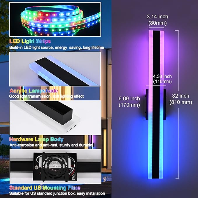 TODOLUZ 2-Pack 32-Inch Outdoor RGB Wall Light Fixture, IP65 Waterproof 21W LED Linear Porch Wall Sconce Lighting with Remote Control for Enterway Patio Garage