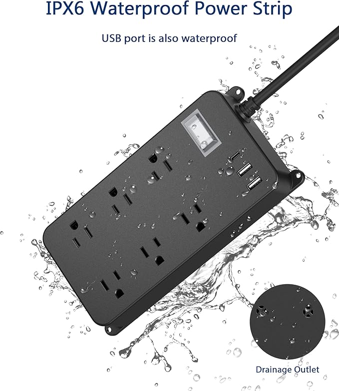 Outdoor Power Strip Weatherproof with USB C,IPX6 Waterproof Surge Protector Wall Mount Multi Outlet Extension for Patio Accessories,6 Outlets and 3 USB Ports,10ft Cable,Flat Plug(2000 Joules)