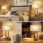 Luvkczc Nightstand Lamps Set of 2 with USB C+A Ports, 24'' Tall Table Lamp with Two 3000K LED Bulbs, Linen Lampshade, Modern Bedside Lamp for Living Room, Bedroom Reading,Grey