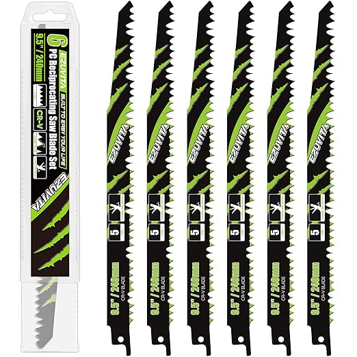 9.5-Inch Wood Pruning Reciprocating Saw Blade Set with Storage Box, 6-Piece Pruner Saw Blades with 5 TPI CR-V Steel for Tree Trimming Wood Cutting