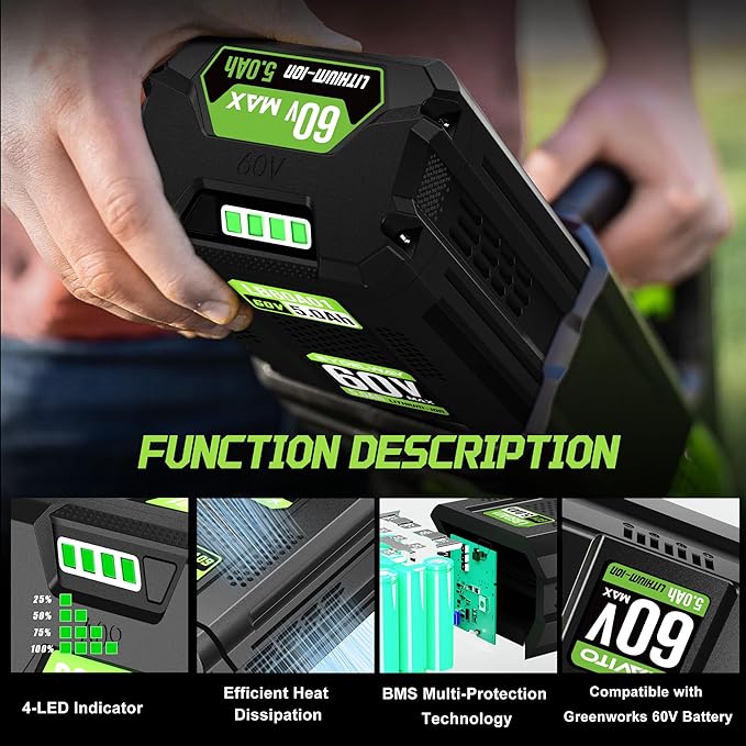XAVITO Replacement for Greenworks 60V Battery 5.0Ah, New Upgraded 5X Longer Runtime, Compatible with Greenworks 60V Cordless Power Tool, for 60V Battery LB60A02 LB60A03 LB602 LB6025