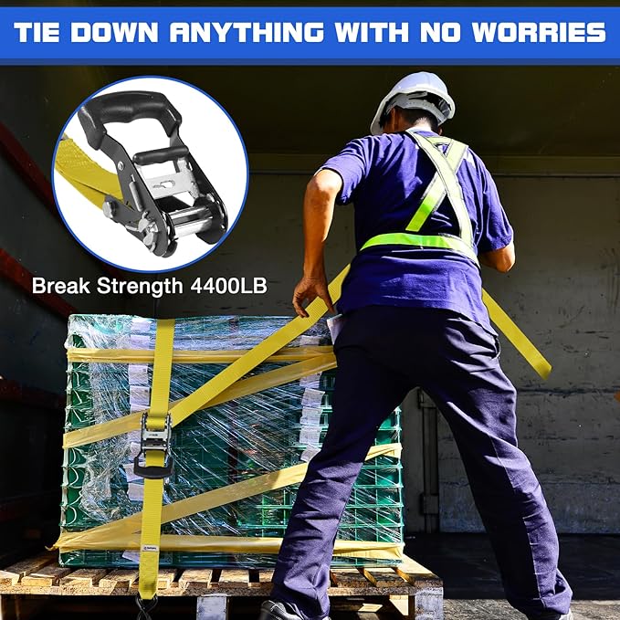 Truck Bed Tie Down Straps Ratchet Set 4 PK 15'x1.5 Inch 4400 lbs Load Rack Roof Car Accessories Heavy Duty Cargo Straps Ratching for Kayak,Moving Furniture,Boat,Trailer,Mattress Tie Downs Rope Yellow