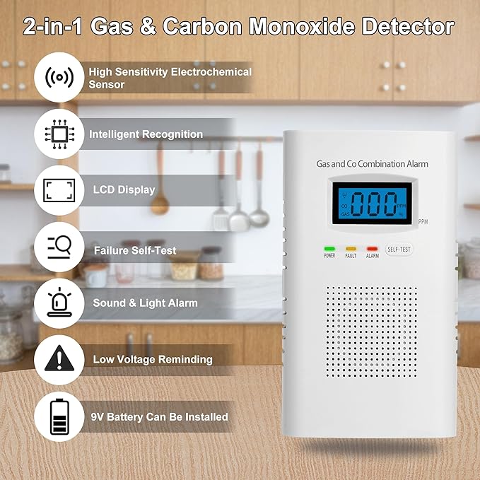 Combination Gas & Carbon Monoxide Detectors - Plug in Carbon Monoxide Alarm & Natural Gas Detector for Home, 2-in-1 Co Detector & Combustible Gas Detector with Digital Display, Easy to Install
