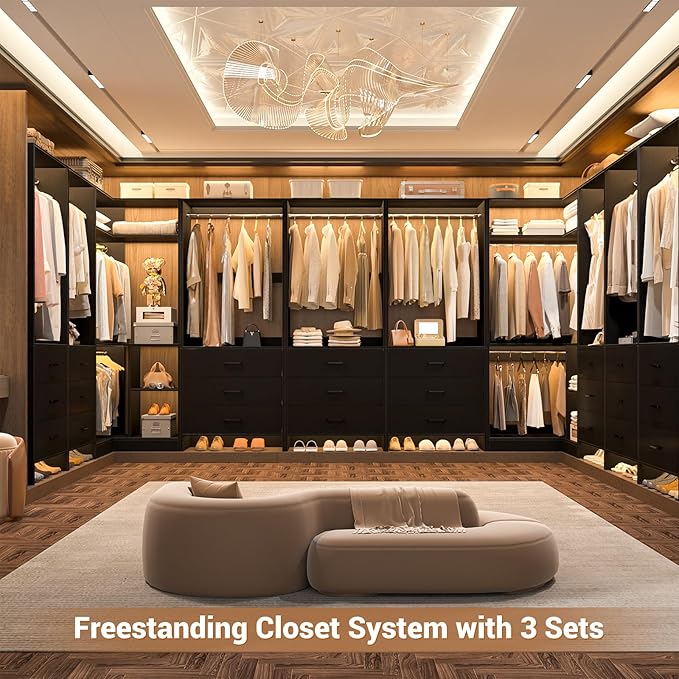 Aheaplus Closet System with 6 Drawers, 4 Hanging Rods & Corner Tower, Corner Closet System with Hanging,80.9" L-Shaped Walk-In Wardrobe Organizer, 2000+ lbs Capacity, Set of 3, Black