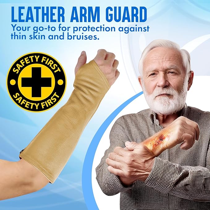 Arm Chaps Leather Protective Sleeves Arm Guard - Prevent Cuts, Scratches & Bruises - Genuine Cowhide - Ideal for Gardening & Construction - Left & Right Form-Fitting. Tan (1 Pair/Large).