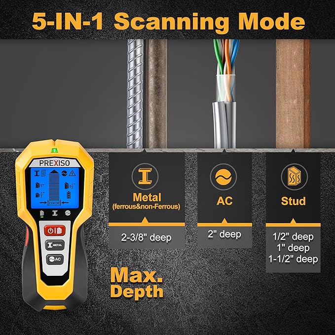 PREXISO Stud Finder Wall Scanner 5-in-1 Wall Stud Finders & Scanners, Stud Finder Tool with LED Indicator for Center Finding, Wood Ac Wire Metal Joist Pipe Stud Detector