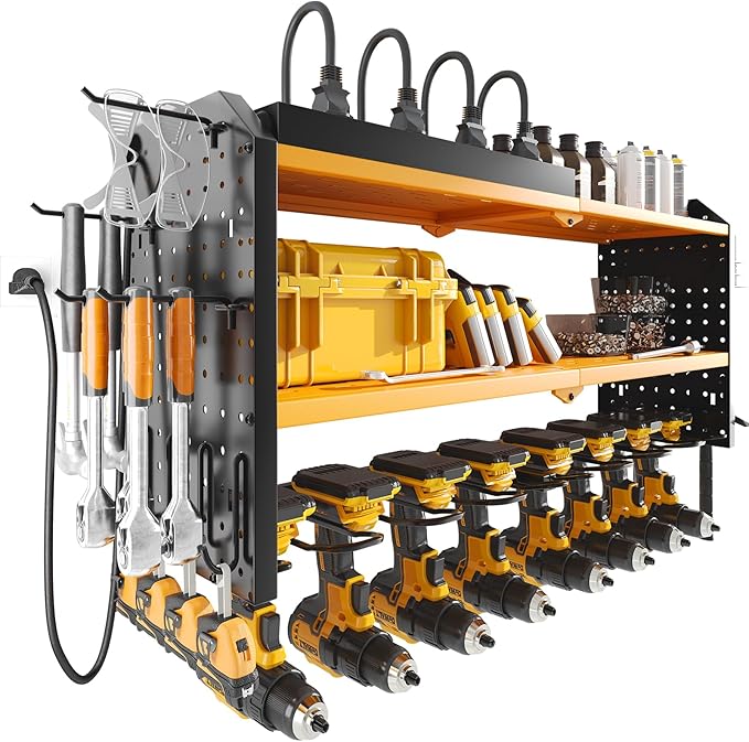 Warome Garage Power Tool Organizer with 8-Outlet Power Strip, Tool Storage Rack Wall Mount with 8 Cordless Drill Holders, Tool Organization Shelf with Charging Station in Yellow