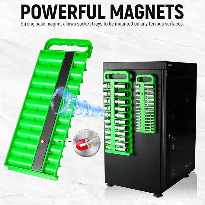 Magnetic Socket Organizer Set, 3-Piece Green Portable Magnetic Socket Holder Tray, Heavy Duty Socket Racks For 1/2-inch& 3/8-inch& 1/4-inch Drive, Hold 76 Sockets - Fit Shallow&Deep Sockets