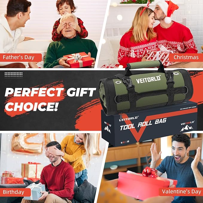 Tool Roll Up Bag, Gifts for Men Dad Husband Him, 1680D Portable Tool Storage for Men, Heavy Duty Tool Organizer with Detachable Pouches&Wrench Roll for Mechanic