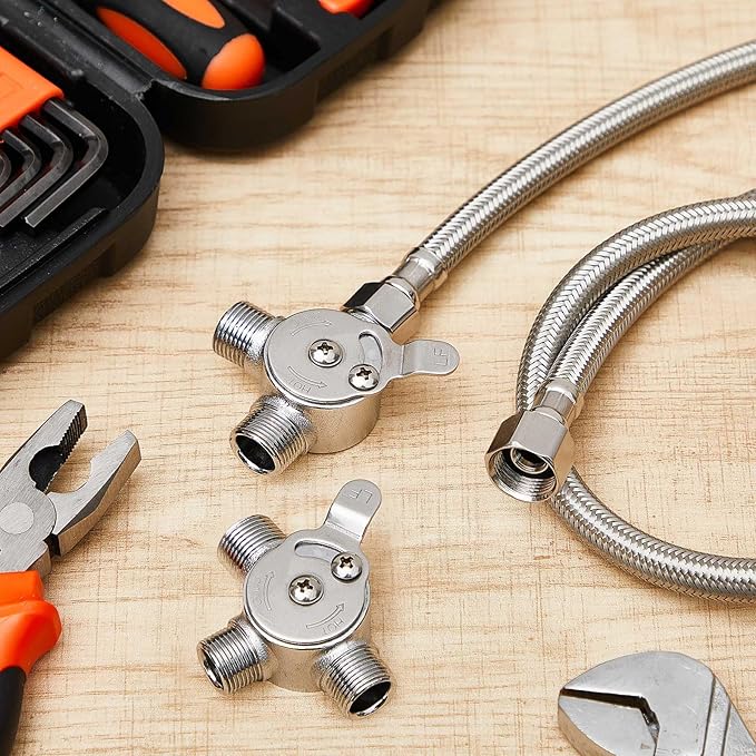 2 Pcs 1/2" Manual Mixing Valve Hot Cold Water Temperature Mixer Thermostatic Mixing Valve for Home and Bathroom Below Deck to Adjust Water Temperature, 4 Braided Faucet Connector Included