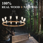 31.5'' 12 Lights Wooden Wagon Wheel Chandelier Natural Farmhouse Wood Round Chandelier Black Rustic Light Fixture for Living Dining Room Entryway Foyer Kitchen