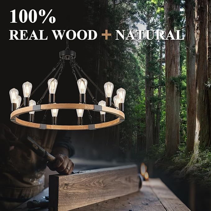 31.5'' 12 Lights Wooden Wagon Wheel Chandelier Natural Farmhouse Wood Round Chandelier Black Rustic Light Fixture for Living Dining Room Entryway Foyer Kitchen
