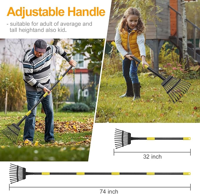 73" Leaf Rake- 11 Metal Tines 8.5" Wide- Small Leaves Rakes for Gardening- Adjustable Metal Leaf Rake for Picking Leaves Yard Women Kids Gardening RV Camping