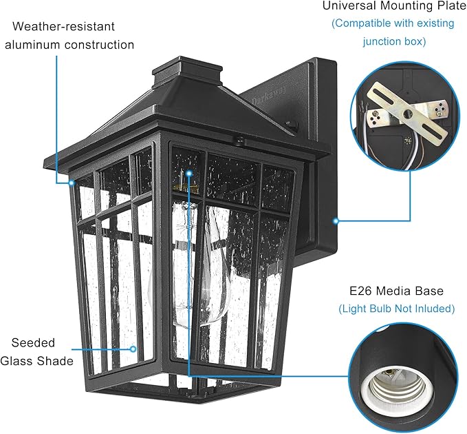 Darkaway Outdoor Sconce Lights Wall Light Fixtures, Front Porch Light Outdoor Wall Anti-Rust Waterproof Aluminum with Glass Exterior Light Fixture for Patio, Yard, Doorway, Garage(1 Pack, Black)